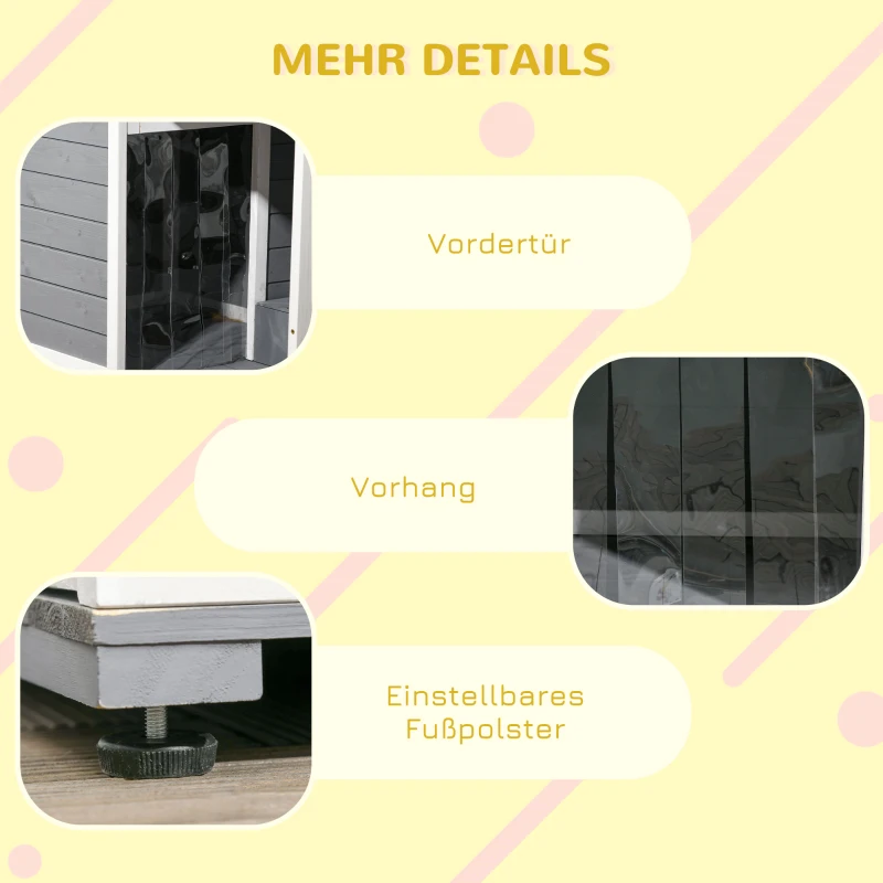 PawHut Căsuță pentru câini din lemn masiv, cu 2 boluri, verandă, rezistent la intemperii, 103 cm x 62 cm x 66 cm, Gri + Alb