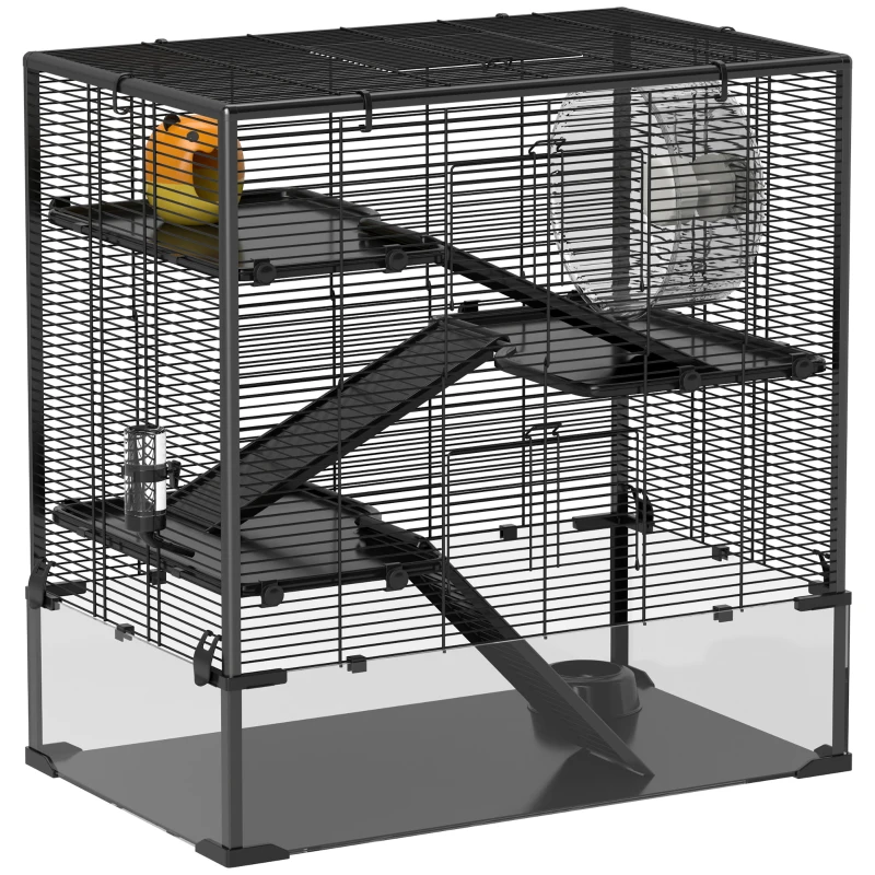 PawHut Cușcă pentru Hamster cu Bază din Sticlă, Cu 4 Etaje și Accesorii, 78,5L x 48,5B x 80H cm, Negru
