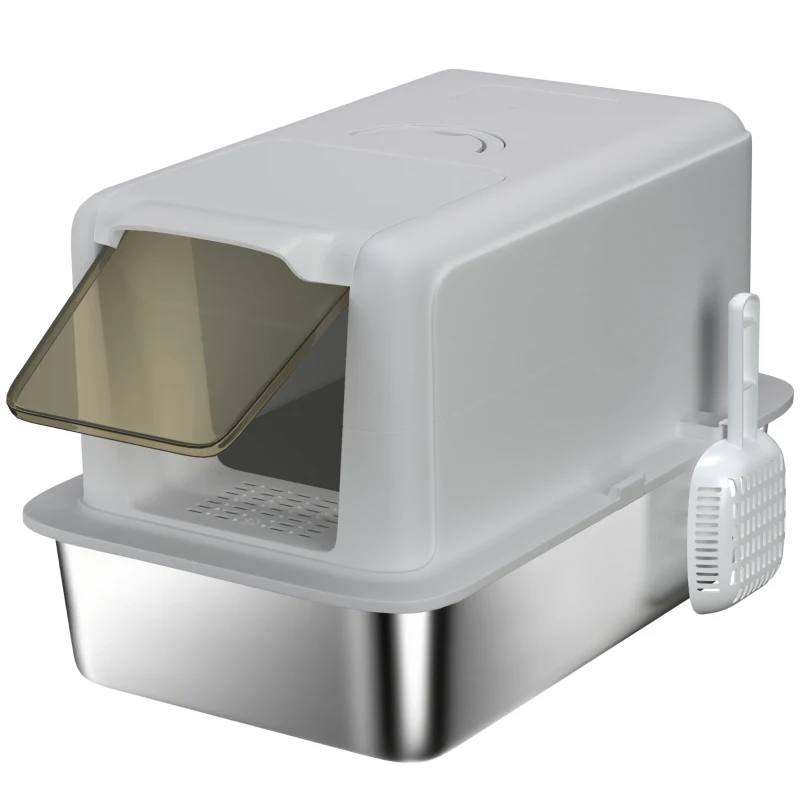 PawHut Litieră pentru pisici, Vas din Oțel Inoxidabil, Filtru, Lopată, pentru pisici până la 6 kg, 40,5 x 60,5 x 41,5 cm, Gri/Argintiu