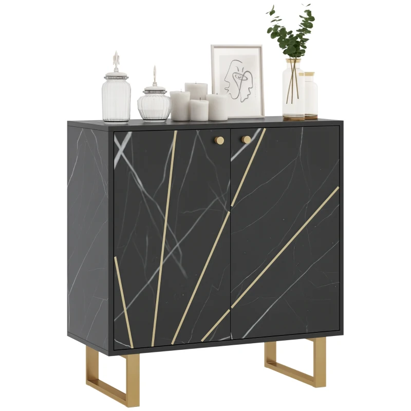 HOMCOM Bufet de depozitare cu 2 uși și raft reglabil, picioare din metal 76 x 35 x 77 cm ton marmură neagră
