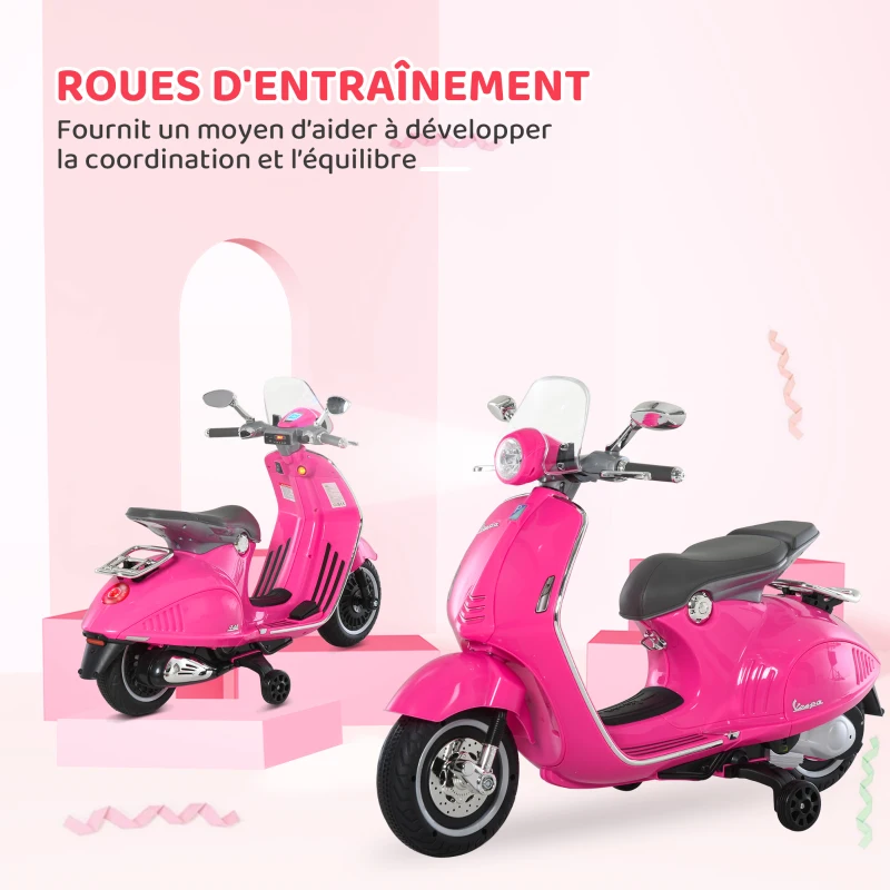 HOMCOM Vespa scooter électrique enfants, moto électrique enfants 6 V avec musique, klaxon, phare, 108x49x75cm, rose(m-7)