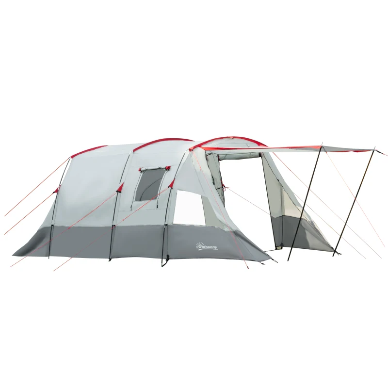 Outsunny Tenta de camping tunnelă 6-8 persoane, impermeabilă, uși și ferestre, 5,1 x 2,4 x 1,8 cm, gri deschis