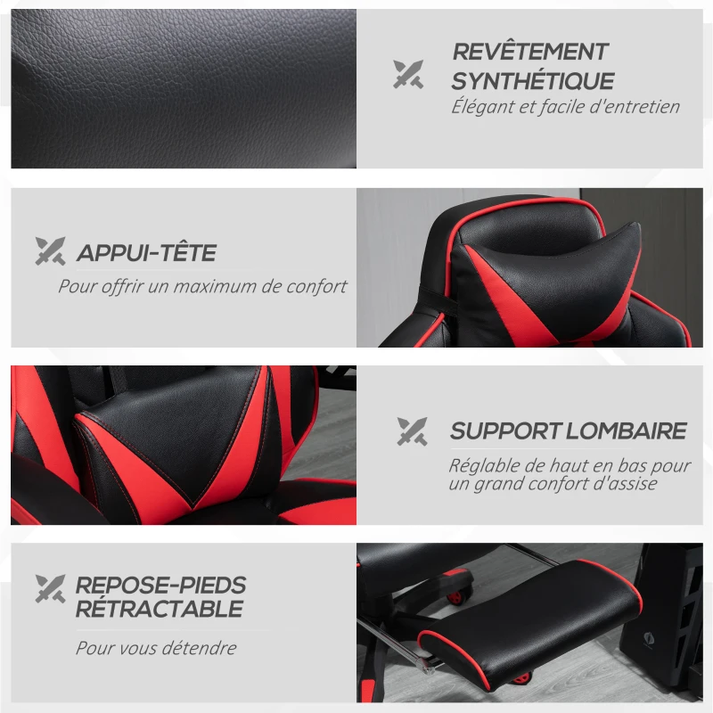 Vinsetto Fotoliu gaming Ergonomic, Fotoliu de birou confortabil cu Suport pentru picioare, Suport pentru cap și pernă lombară, Înălțime reglabilă, negru și roșu