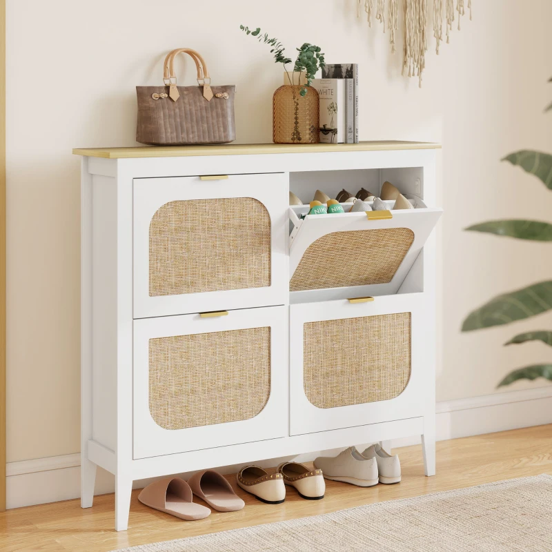 HOMCOM Zapatero Estrecho con 4 Puertas de Ratán Estantes Ajustables para 20 Pares de Zapatos 105x24x95,5 cm Alb