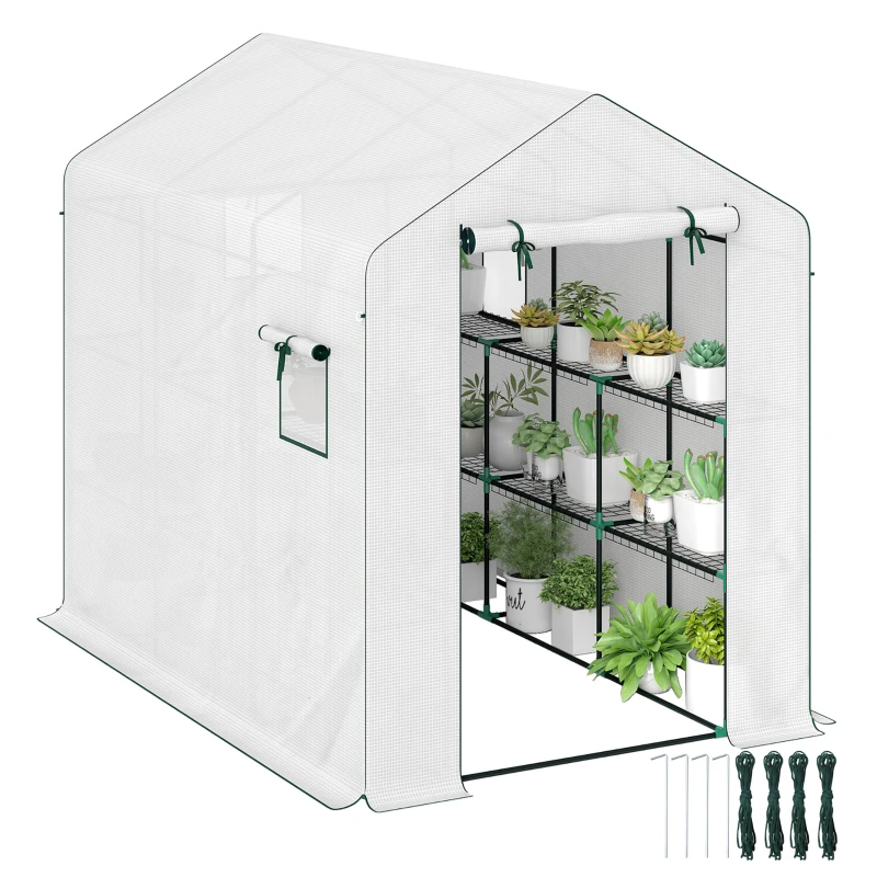 Outsunny Sera de grădină 3 m² cu rafturi 3 niveluri, PE renforcée 135 g/m² anti-UV, ușă rulabilă și ferestre din plasă