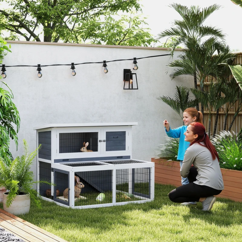PawHut Hutch cu 2 nivele, cu acoperis rabatabil, cotet pentru iepuri din lemn masiv rezistent la iarna, casa dubla 122x95x93,5 cm gri