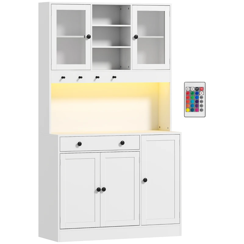 HOMCOM Mobilă de depozitare cu iluminare LED, dulapuri și sertar, uși din sticlă, telecomandă inclusă, alb