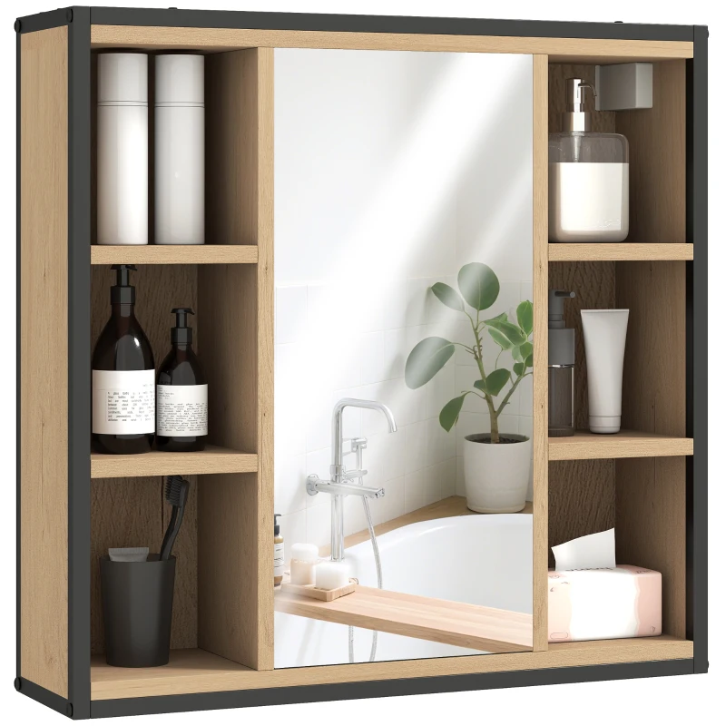 HOMCOM Dulap de perete baie cu oglindă, 52 x 24,5 cm cu 6 compartimente deschise și raft reglabil, stejar