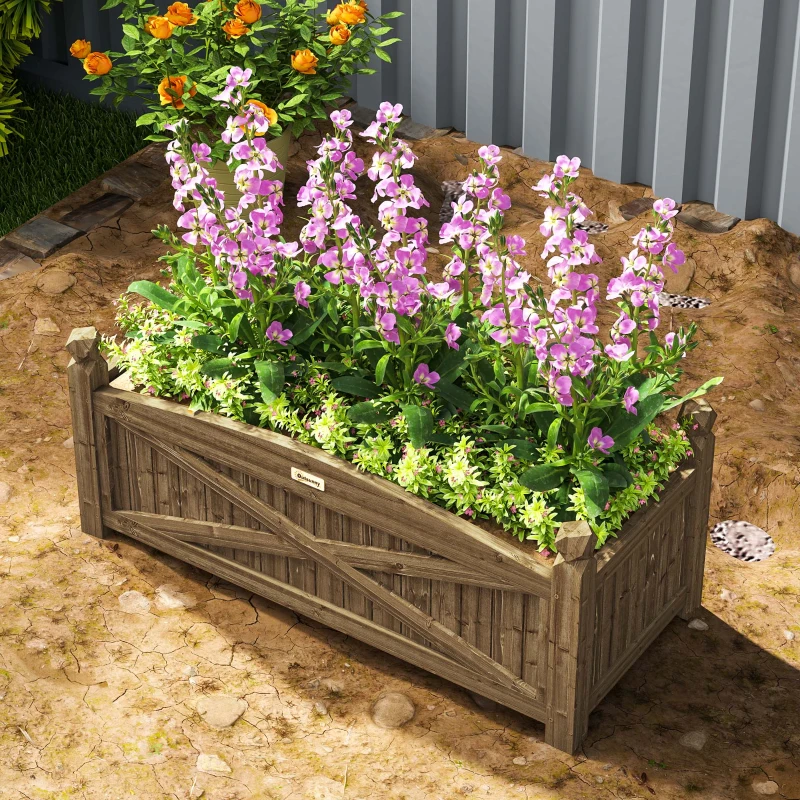 Outsunny Jardiniță din lemn, pat de flori în aer liber din lemn cu găuri de drenaj, 90 x 39 x 37 cm, maro închis