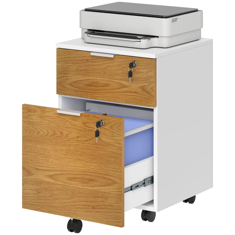 HOMCOM Cufăr de birou, mobilier de depozitare 2 sertare 2 bare pentru fișiere suspendate, cu cheie 2 chei 42x40x60 cm