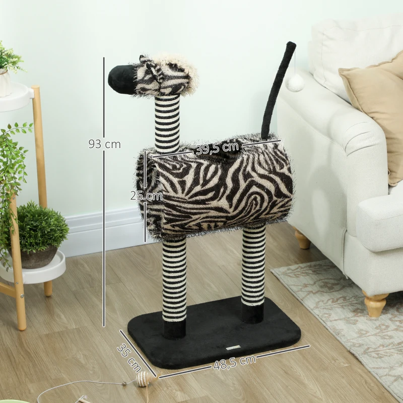 PawHut Copac zgâriat în design zebra, 1 tunel pentru pisici, 3 stâlpi de zgâriat 48,5 cm x 35 cm x 93 cm, Negru + Alb