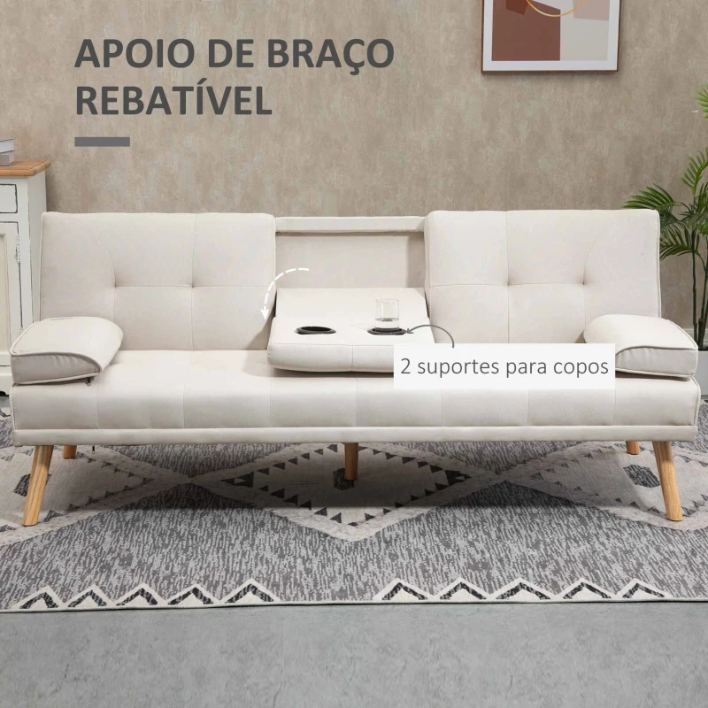 HOMCOM Sofá Cama 3 Lugares com Encosto Ajustável Apoio para os Braços Desmontável e 2 Suportes para Copos 181x77x78 cm Bege