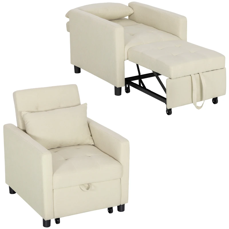 HOMCOM Sofá Cama Individual Poltrona com 4 Rodas Encosto Reclinável Almofada Extra e Assento Acolchoado 69x82,5x84 cm Bege