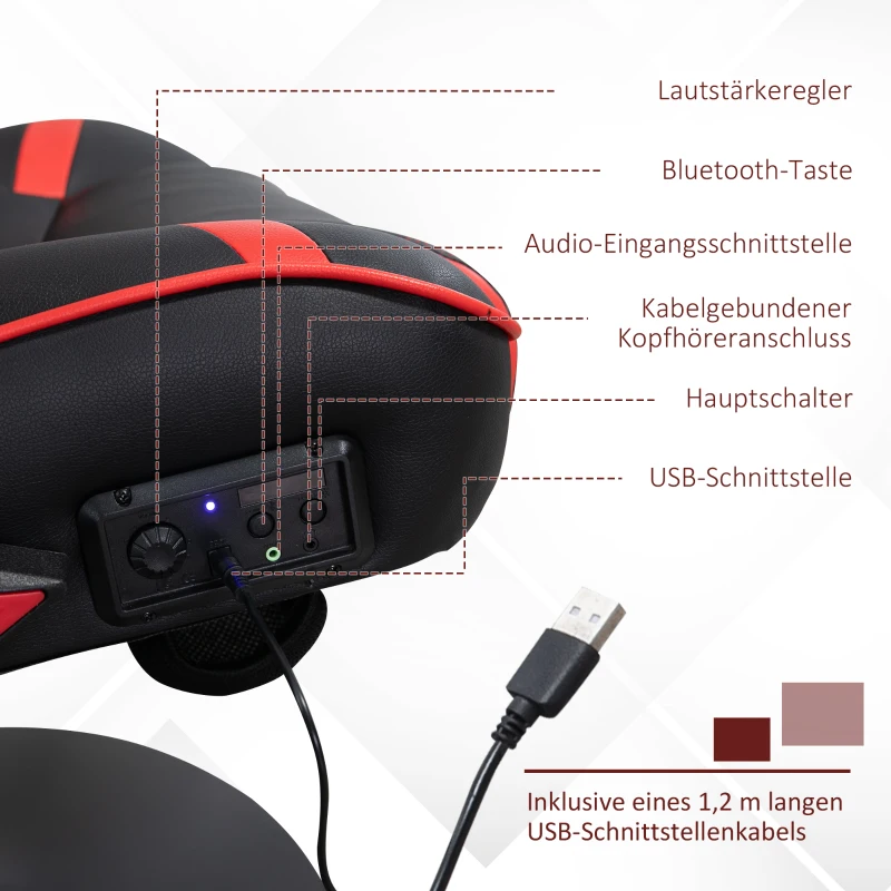 Scaun de gaming Vinsetto, scaun de gaming, difuzoare integrate, spătar inclinabil, negru+roșu, 69 x 73 x 118cm