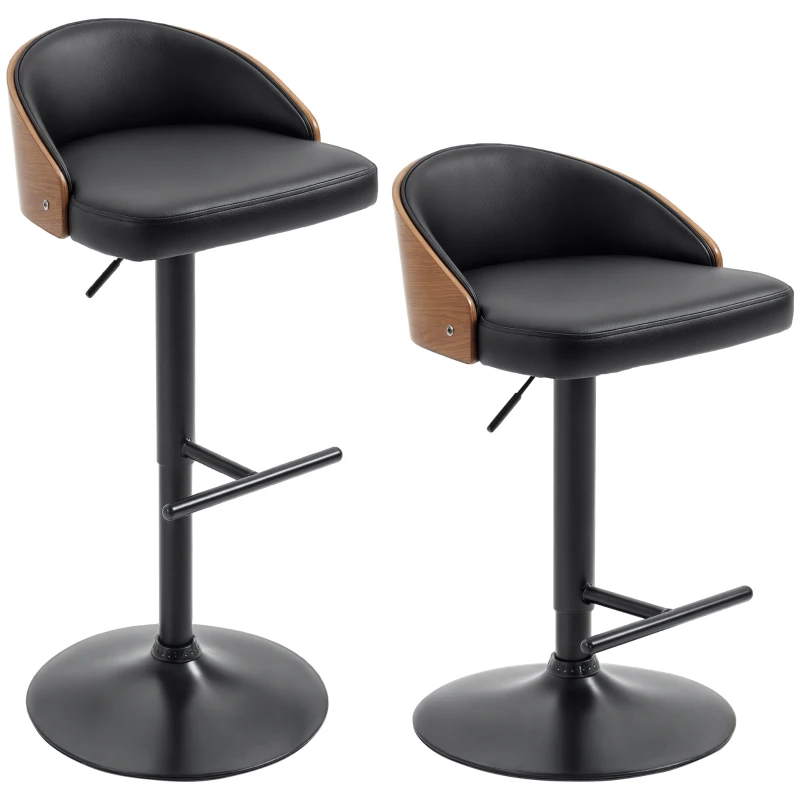 HOMCOM Scaune de Bar Set 2 buc., Scaun de Bar Tapitat din Oțel și Lemn Masiv, Înălțime Reglabilă pentru Bucătărie cu Suport pentru Picior, Rotativ 360°, Scaun de Bar pentru Bucătărie, Sufragerie, Sală de Mese, Negru+Cafea