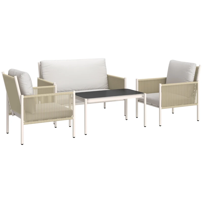Outsunny Set mobilier grădină poliratan, canapea dublă, scaun, masă sticlă, 4 persoane, Maro, Gri