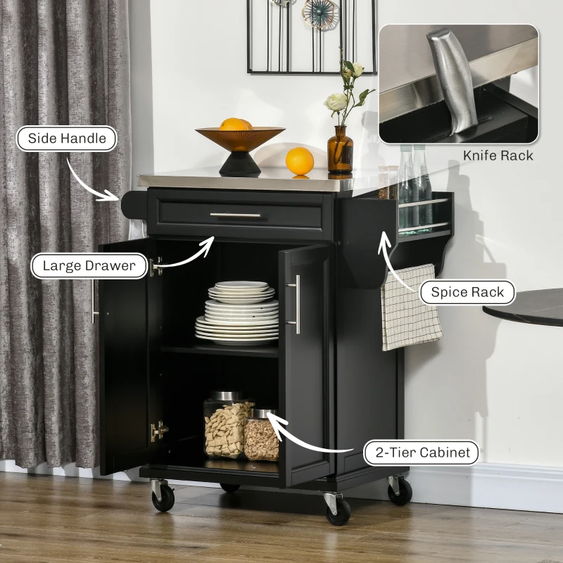 HOMCOM Wooden Kitchen Island on Wheels, Serving Cart Storage Trolley with Stainless Steel Top, Drawer, Side Handle and Rack, Black
