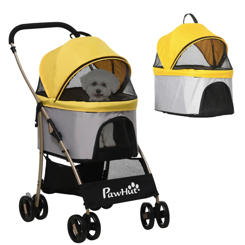 PawHut Cărucior 2 în 1 pentru câini, cărucior pentru câini pliabil, 1 coș, 1 geantă, 82 cm x 49,5 cm x 98 cm, Galben