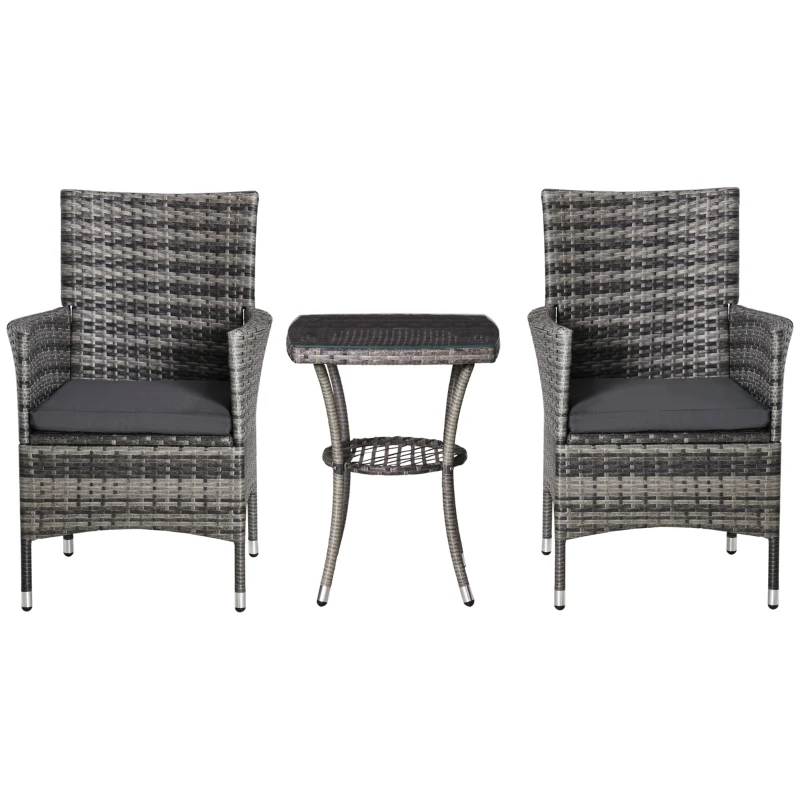 Set de mobilier de balcon Outsunny pentru 2 persoane, Set de scaune din ratan, Set de mobilier de grădină Polyrattan, Gri închis