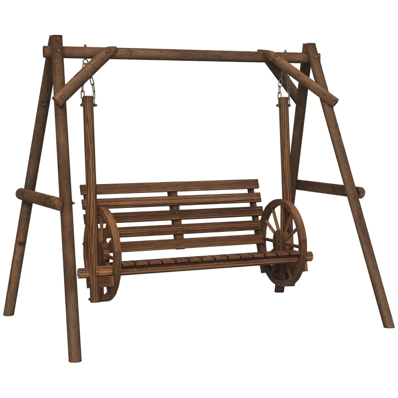 Outsunny Balansoar de grădină 2 locuri din lemn cu brațe Roți Căruțe pentru grădină - dim. 200L x 137l x 167H cm