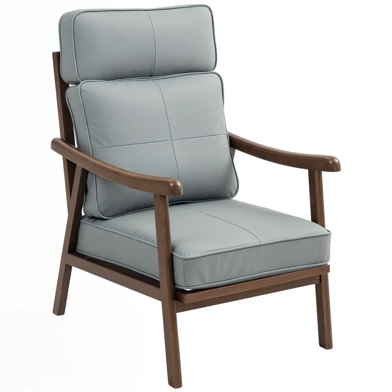 HOMCOM Scaun de Sufragerie Tapitat în PU cu Cadru din Lemn Perne Acolchiate Groase Gri și Lemn de Nucă