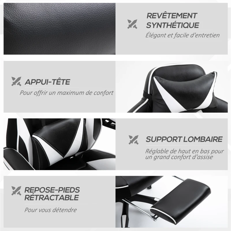 Vinsetto Scaun Gaming Ergonomic, Fotoliu de Birou confortabil cu Suport de Picioare, Perne pentru Cap și Zonă Lombară, Înălțime Reglabilă, negru și alb