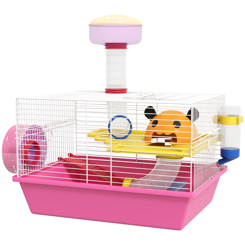 PawHut Cușcă pentru hamster șoarece rozătoare multicoloră cu platformă, biberon apă, roată, casă, 34 x 27 x 25 cm, roz