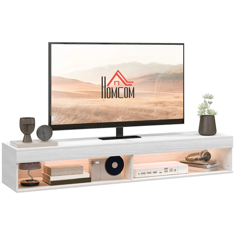HOMCOM Meuble TV suspendat mural cu iluminare LED pentru televizoare de până la 75 de inci, rafturi, 180L x 40l x 30H cm, alb