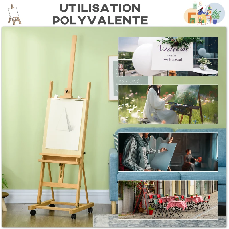 Vinsetto Chevalet de artist cu roți pliabil din lemn de fag pentru pânze de pictat până la 118 cm lemn natural