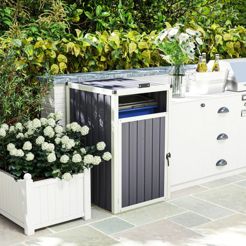 Outsunny Adăpost pentru 1 coș de gunoi 240L, adăpost de exterior pentru coș de gunoi, capac rabatabil 180°, oțel galvanizat 73 x 81 x 122 cm, gri închis