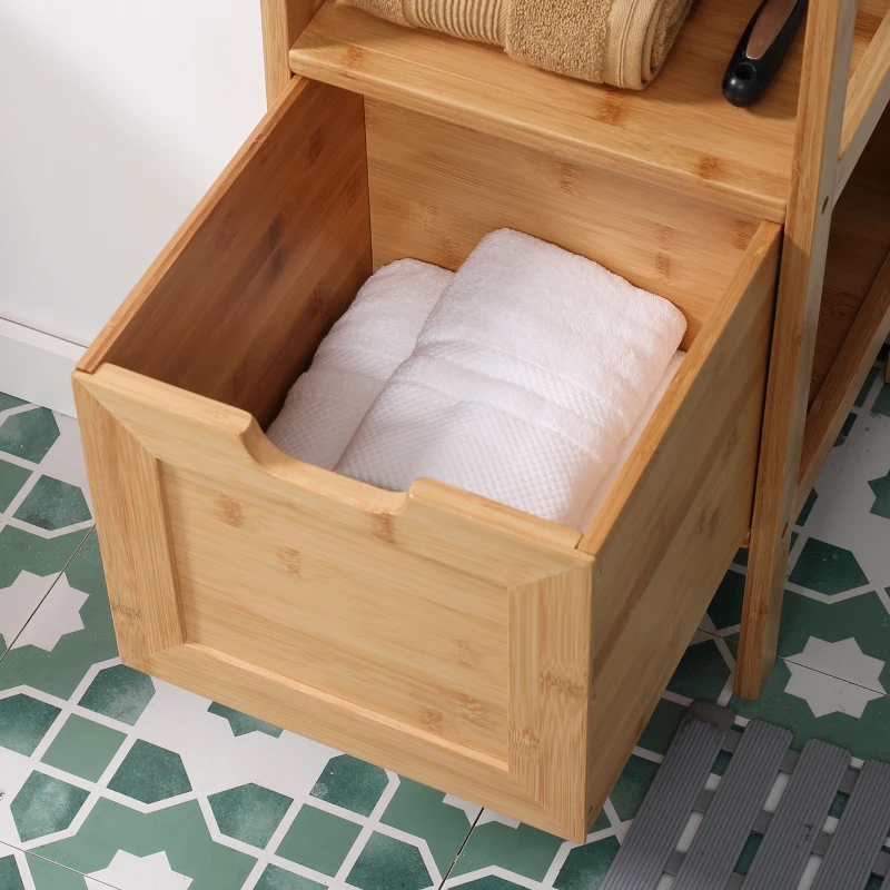 kleankin Comodă de depozitare coloană pentru baie din bambus 2 sertare și 1 raft - dim. 30L x 30l x 90H cm