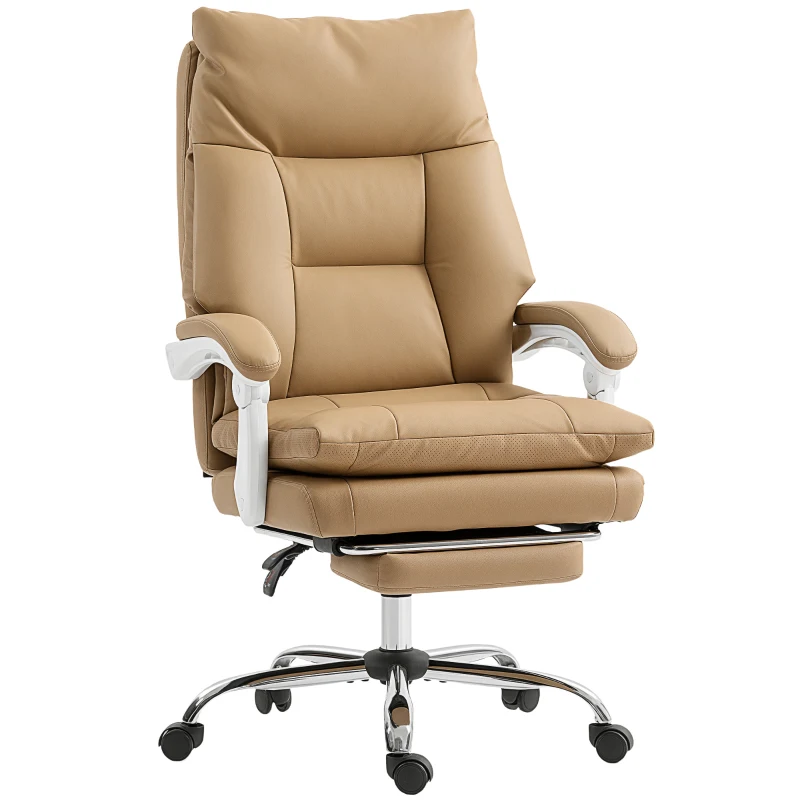 HOMCOM Scaun de Birou Ergonomic cu Suport Lombar, Brate Pliabile, Suport pentru Picior Maro Deschis