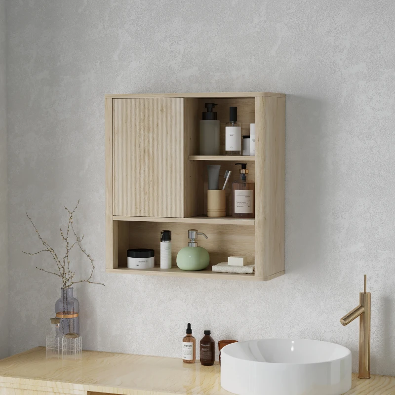 HOMCOM Dulap de baie montabil pe perete cu rafturi reglabile, ușă glisantă și rafturi deschise, lemn natural