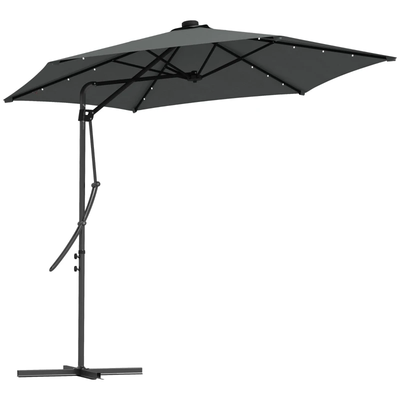 Outsunny Umbrelă Excentrică de 3 m cu Lumini LED cu Manivelă și Bază în Cruce pentru Exterior Patio Terasă Gri Închis