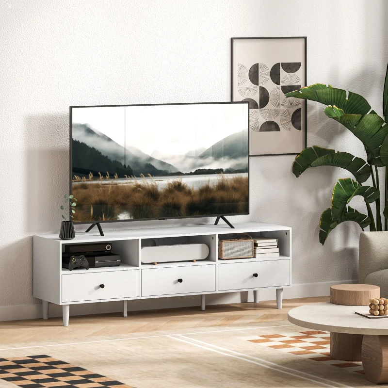 HOMCOM Comodă TV, Stand TV pentru Ecrane de 75 inch, 3 Rafturi Deschise, 3 Sertare, Placă de Particule, Alb