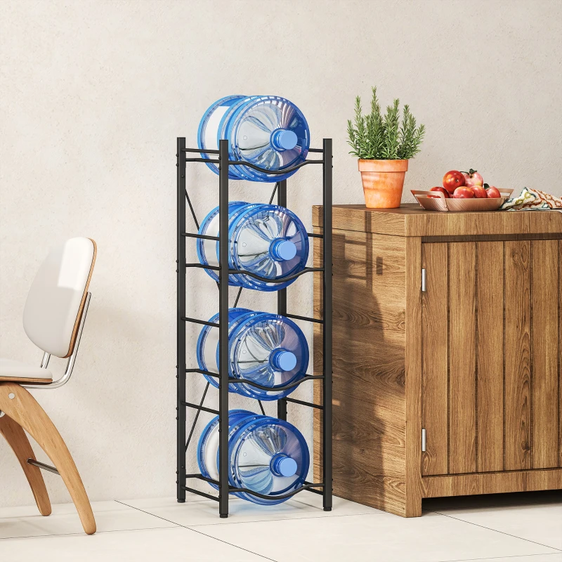 HOMCOM Suporte para Garrafões de Água de 4 Níveis Estante de Armazenamento para Garrafas de Água com Estrutura de Metal 34x34x105 cm Preto