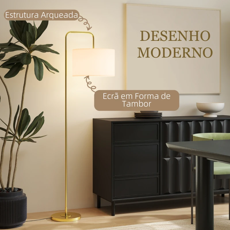 HOMCOM Candeeiro de Pé Moderno Lâmpada E27 Máx. 40W com Ecrã de Linho e Interruptor de Pé 64x38x163,5 cm Branco e Dourado