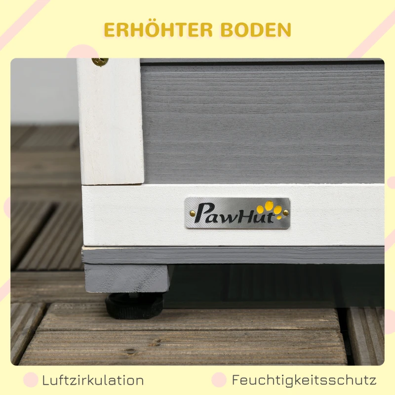 PawHut Căsuță pentru câini din lemn masiv, cu 2 boluri, verandă, rezistent la intemperii, 103 cm x 62 cm x 66 cm, Gri + Alb