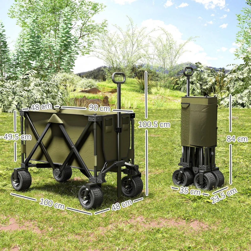 Outsunny Cărucior pliabil, 7 buzunare laterale, mâner reglabil, suportă până la 120 kg, oțel, verde, 100 x 48 x 100,5 cm