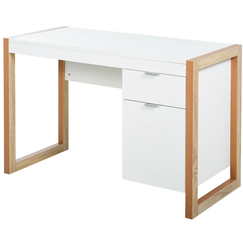 HOMCOM Birou de Lucru Spațios cu Sertar Dulap Picioare în Formă de Cadru de Stil Modern 112,5x50x75,5 cm Alb