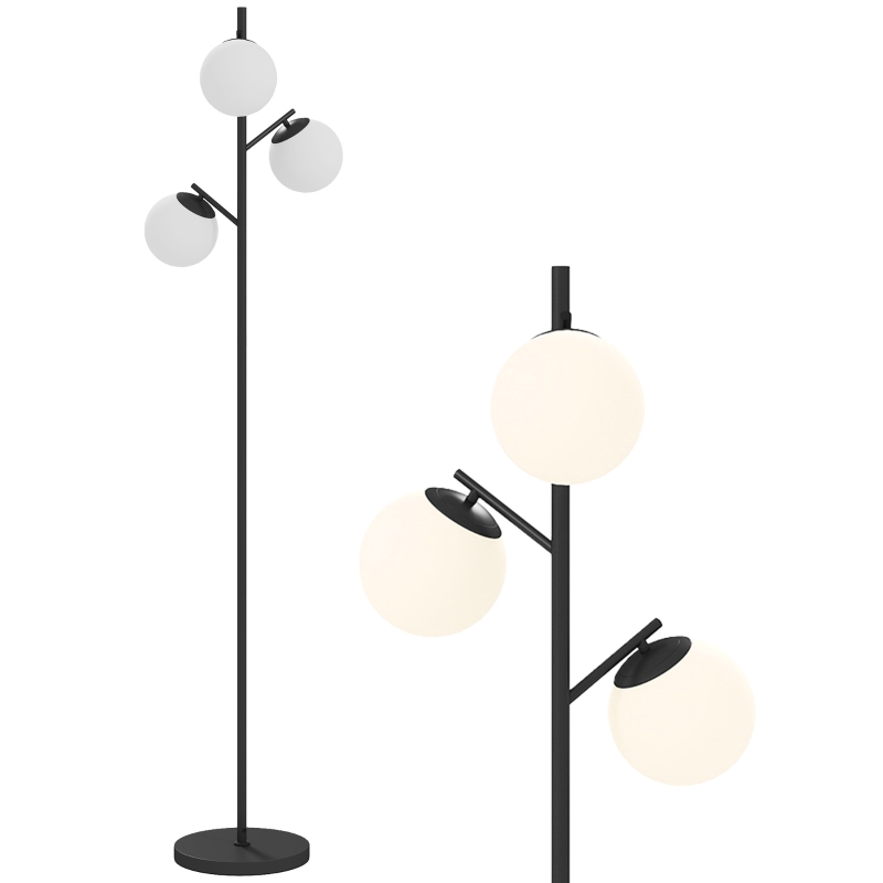 HOMCOM Lampadar de podea în metal cu 3 abajururi globe din sticlă mată albă 40W Ø 27 x 169 cm negru