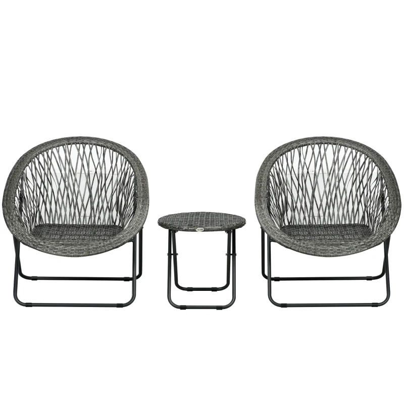 Outsunny Salon de grădină exterior din răchită set masă și scaune exterioare pentru 2 persoane masă 2 scaune pliabile gri