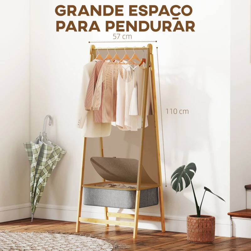 HOMCOM Suporte para Cabides de Bambu com Cesto de Tecido e Dobrável 60x44,5x157,5 cm Madeira Cinzento