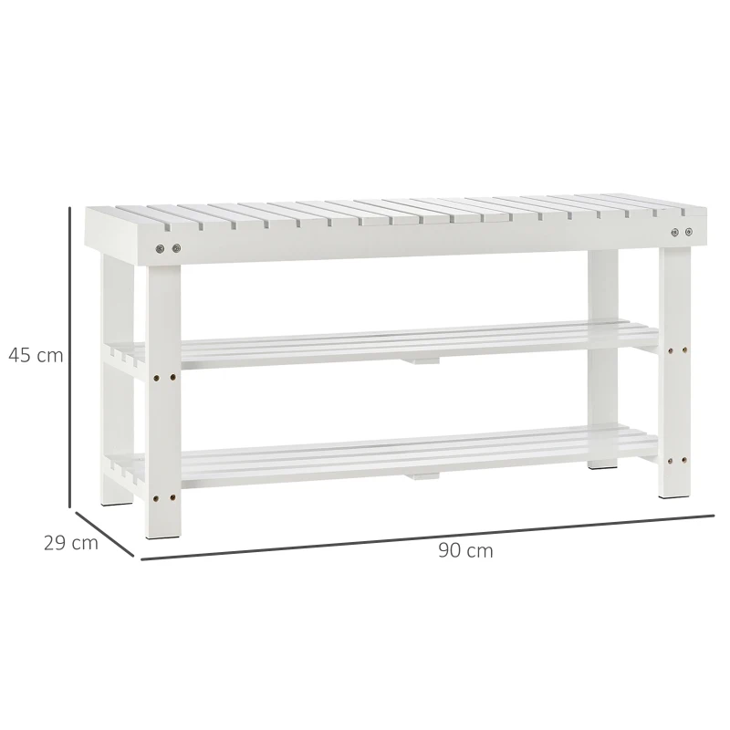HOMCOM Banc pentru pantofi din lemn cu 3 niveluri cu rafturi de depozitare și compartiment ascuns, 90 x 29 x 45 cm, alb