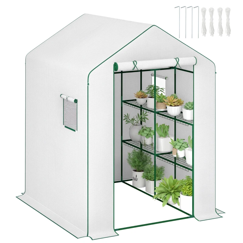 Outsunny Seră de grădină cu 1 ușă 2 ferestre rafturi 3 nivele pentru Legume Plante Flori Pânză PE 140 x 143 x 190 cm alb