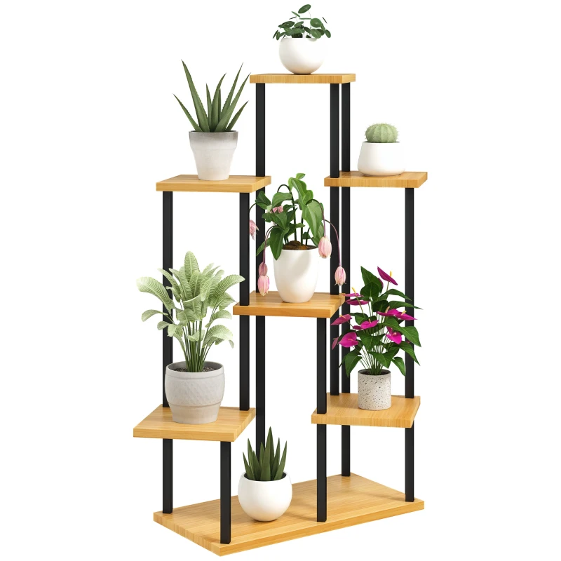 Outsunny Suport pentru plante cu 7 niveluri pentru interior și exterior, stand plante din oțel și lemn, lemn natural
