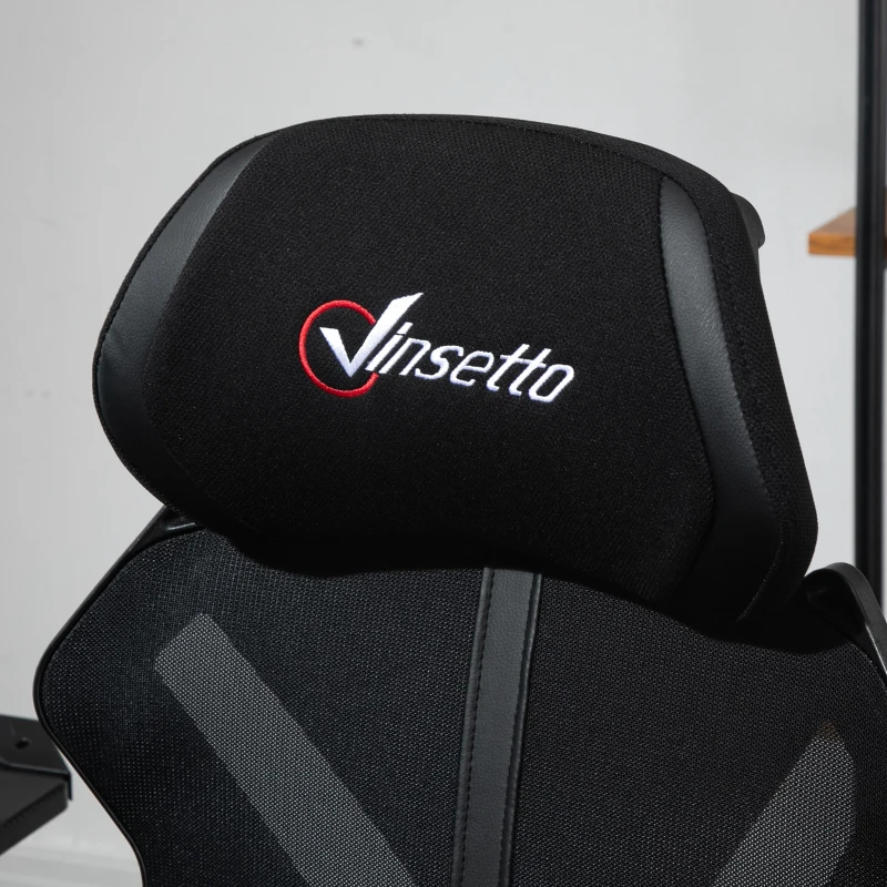 Vinsetto Scaun Gaming cu Suport pentru Picior Retractabil Scaun de Birou Rotativ Reclinabil cu Suport pentru Cap și Înălțime Ajustabilă 65x65x119-129 cm Negru