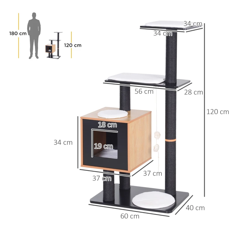 PawHut Pom de pisici design contemporan zgarieturi pe scara din sisal natural cu activitati in centru, platforme pentru joaca, bile suspendate 71,5L x 49,5l x 120H cm MDF negru stejar