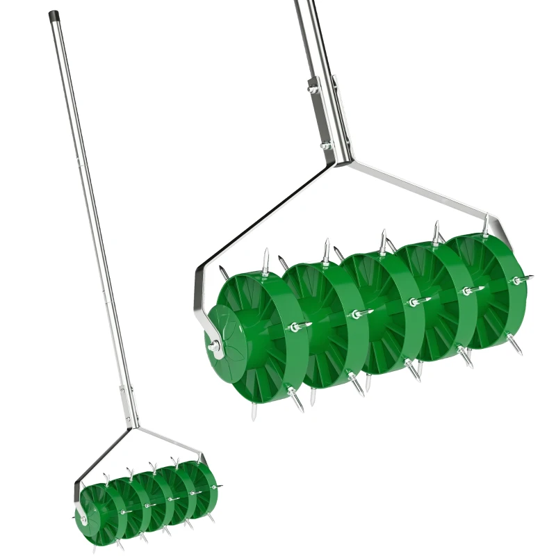 Outsunny Role aerator pentru gazon cu mâner detașabil, 3 piese, aerator manual, 45 x 21 x 140 cm, verde închis