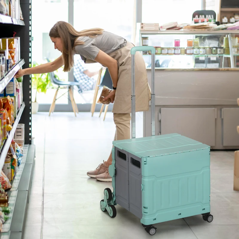 HOMCOM Cărucior de cumpărături pliabil, cu trepte, mâner telescopic, capacitate 65 kg, verde.